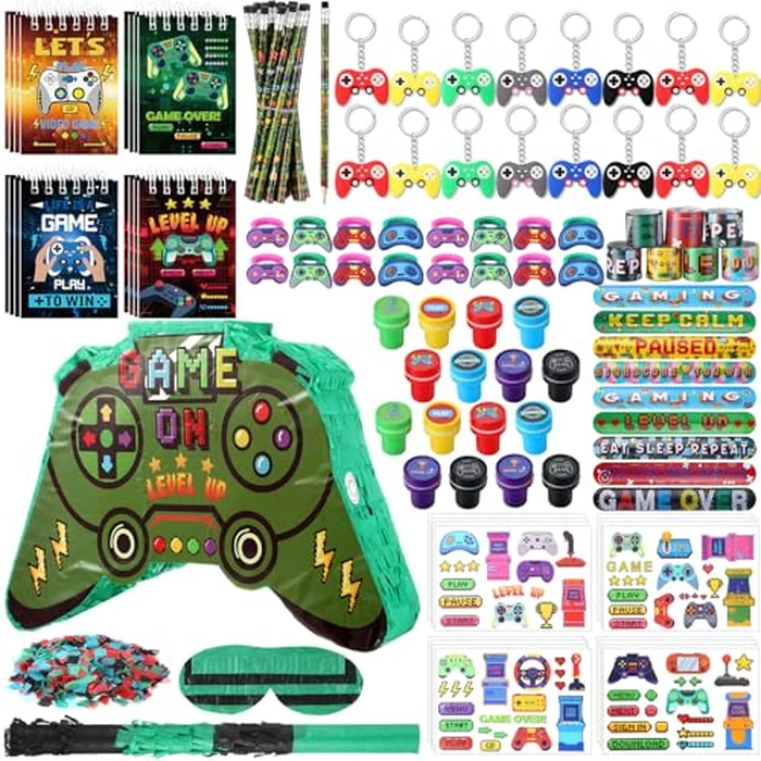 Spakon 113 Pcs Video Game Piñata Video Game Birthday Party Supplies Piñata Set 16 Mini Notebook 16 Pencil 16 Keychain 16 Silicone Bracelet 16 Mini Rings 16 Sticker 16 Stamp Party Supplies Gifts by Spakon - Used - Very Good condition - US$27.98