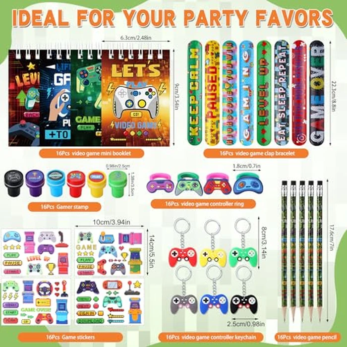 Spakon 113 Pcs Video Game Piñata Video Game Birthday Party Supplies Piñata Set 16 Mini Notebook 16 Pencil 16 Keychain 16 Silicone Bracelet 16 Mini Rings 16 Sticker 16 Stamp Party Supplies Gifts by Spakon - Image 3