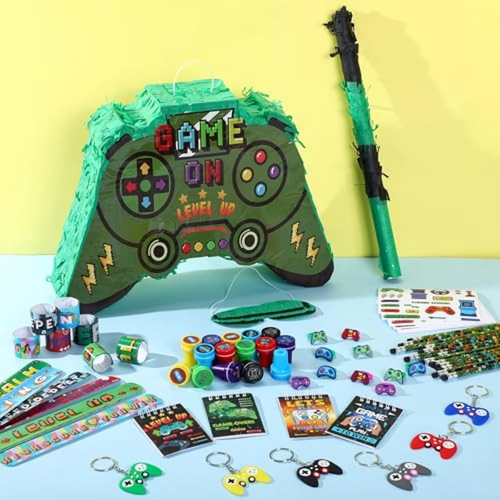 Spakon 113 Pcs Video Game Piñata Video Game Birthday Party Supplies Piñata Set 16 Mini Notebook 16 Pencil 16 Keychain 16 Silicone Bracelet 16 Mini Rings 16 Sticker 16 Stamp Party Supplies Gifts by Spakon - Image 4