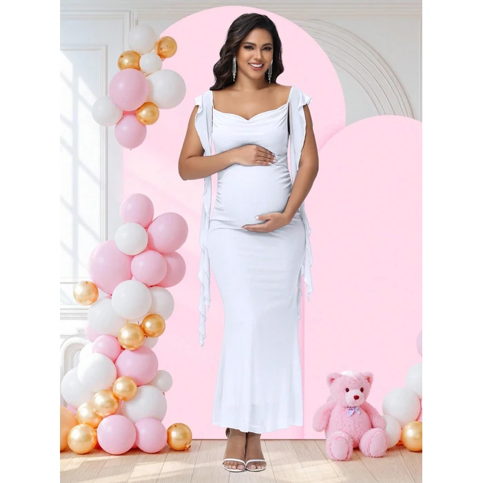 JustVH Women's Maternity Draped Neck Ruffle Baby Shower Dress for Photoshoot Party Bodycon Long Dress White by JustVH - Used - Like New condition