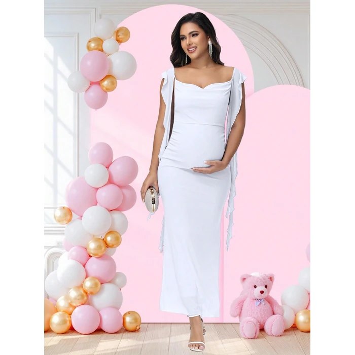 JustVH Women's Maternity Draped Neck Ruffle Baby Shower Dress for Photoshoot Party Bodycon Long Dress White by JustVH - Image 3