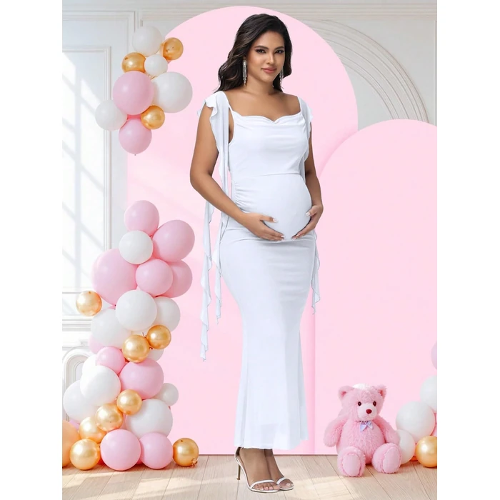 JustVH Women's Maternity Draped Neck Ruffle Baby Shower Dress for Photoshoot Party Bodycon Long Dress White by JustVH - Image 4
