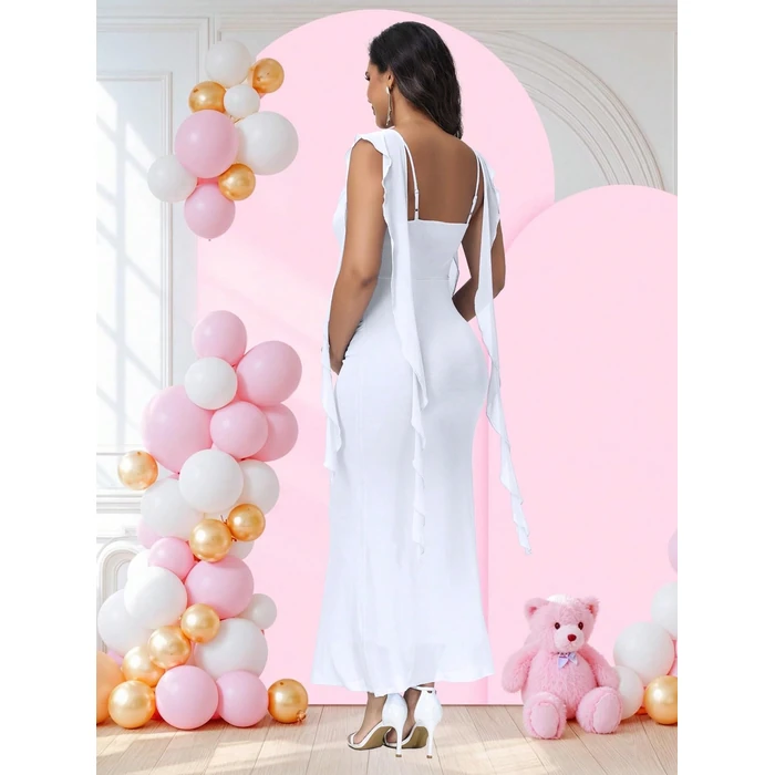 JustVH Women's Maternity Draped Neck Ruffle Baby Shower Dress for Photoshoot Party Bodycon Long Dress White by JustVH - Image 6