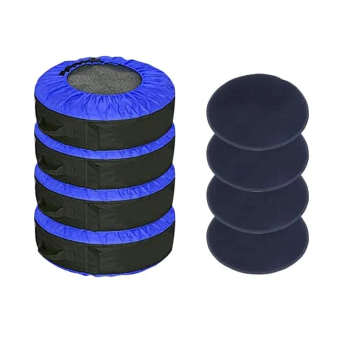J&C Spare Tire Cover 4 Pack + 4 Pcs Wheel Felts 600D Durable Spare Tire Protection Tote Covers for Trailer Camper SUV Seasonal Tire Storage Bag Set of 4 Waterproof for 17-30 Inch Tires (Blue) by J&C - Used - Good condition - CA$41.57