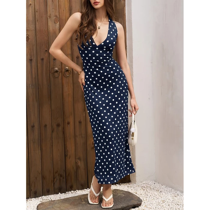Wenrine Womens Summer Polka Dot Maxi Dress Mesh Wedding Guest Bodycon Sexy V Neck Sleeveless Party Dresses by Wenrine - Image 2