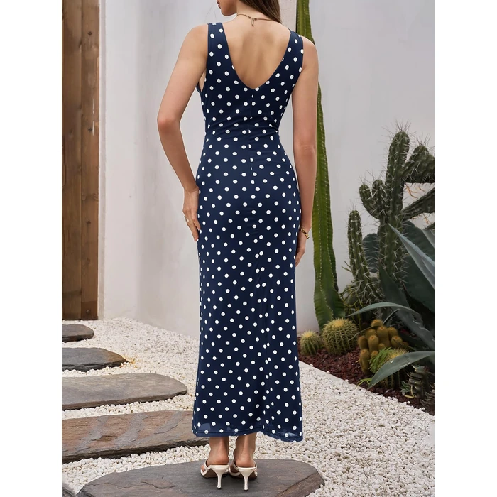 Wenrine Womens Summer Polka Dot Maxi Dress Mesh Wedding Guest Bodycon Sexy V Neck Sleeveless Party Dresses by Wenrine - Image 3