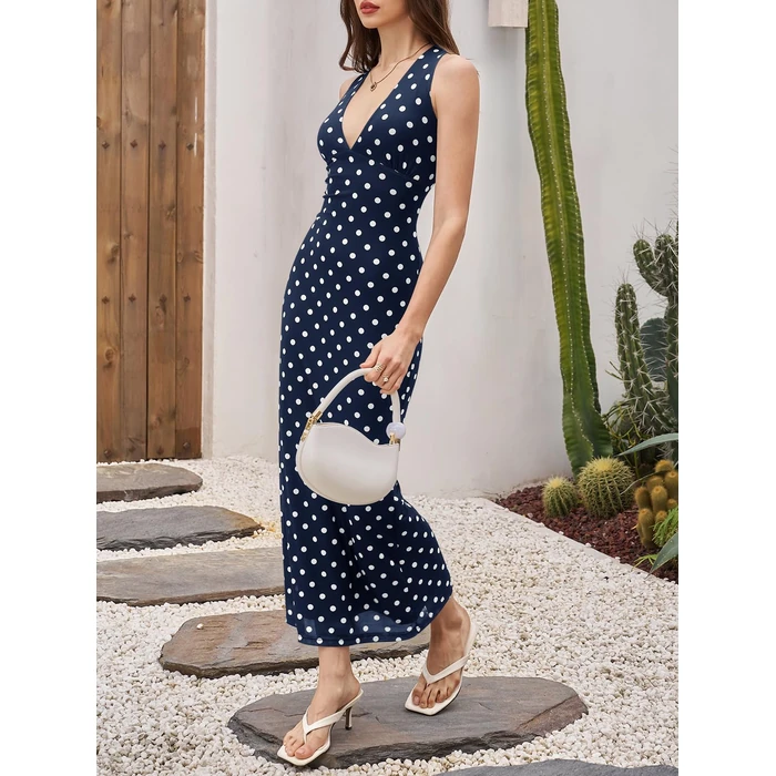 Wenrine Womens Summer Polka Dot Maxi Dress Mesh Wedding Guest Bodycon Sexy V Neck Sleeveless Party Dresses by Wenrine - Image 4