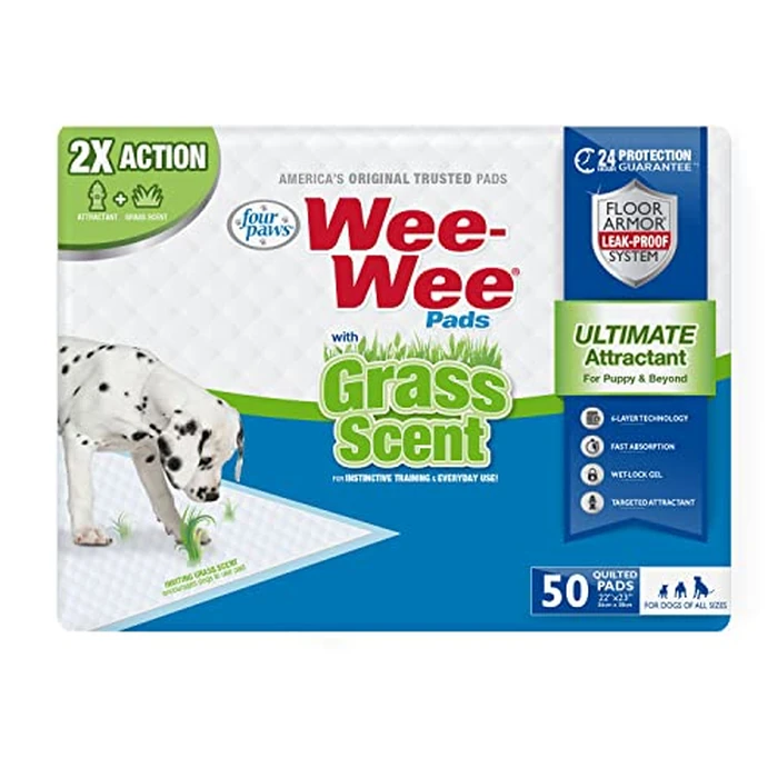 Four Paws Wee-Wee Ultimate Attractant Dog Pee Pads for Instinctive Training, Leak-Proof Floor Protection Dog & Puppy Quilted Potty Training Pads, Grass Scent, 22" x 23" (50 Count) by Four Paws - Used - Like New condition - US$22.07