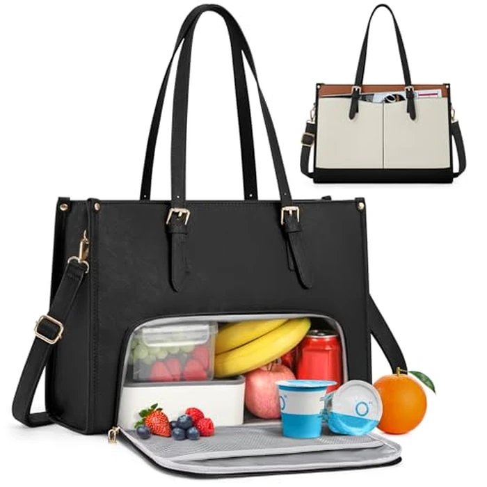 RAINSMORE Laptop Bags for Women Insulated Lunch Compartment Tote Bags for Women 15.6 Inch Work Bag Women Waterproof PU Leather Work Tote Bags for Women Business Daily Laptop Tote Bag Black and White by RAINSMORE - Image 1