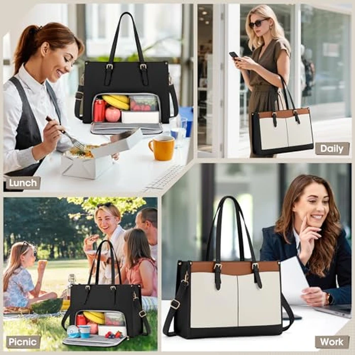RAINSMORE Laptop Bags for Women Insulated Lunch Compartment Tote Bags for Women 15.6 Inch Work Bag Women Waterproof PU Leather Work Tote Bags for Women Business Daily Laptop Tote Bag Black and White by RAINSMORE - Image 2