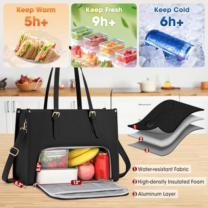 RAINSMORE Laptop Bags for Women Insulated Lunch Compartment Tote Bags for Women 15.6 Inch Work Bag Women Waterproof PU Leather Work Tote Bags for Women Business Daily Laptop Tote Bag Black and White by RAINSMORE - Image 3