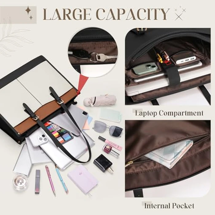 RAINSMORE Laptop Bags for Women Insulated Lunch Compartment Tote Bags for Women 15.6 Inch Work Bag Women Waterproof PU Leather Work Tote Bags for Women Business Daily Laptop Tote Bag Black and White by RAINSMORE - Image 4