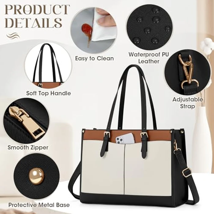 RAINSMORE Laptop Bags for Women Insulated Lunch Compartment Tote Bags for Women 15.6 Inch Work Bag Women Waterproof PU Leather Work Tote Bags for Women Business Daily Laptop Tote Bag Black and White by RAINSMORE - Image 5