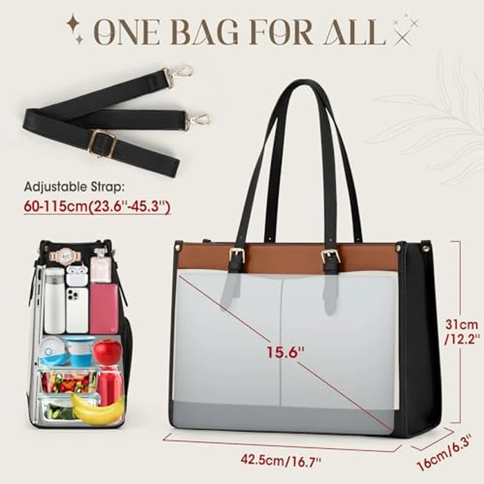RAINSMORE Laptop Bags for Women Insulated Lunch Compartment Tote Bags for Women 15.6 Inch Work Bag Women Waterproof PU Leather Work Tote Bags for Women Business Daily Laptop Tote Bag Black and White by RAINSMORE - Image 6