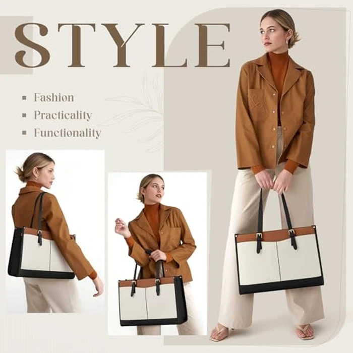 RAINSMORE Laptop Bags for Women Insulated Lunch Compartment Tote Bags for Women 15.6 Inch Work Bag Women Waterproof PU Leather Work Tote Bags for Women Business Daily Laptop Tote Bag Black and White by RAINSMORE - Image 7