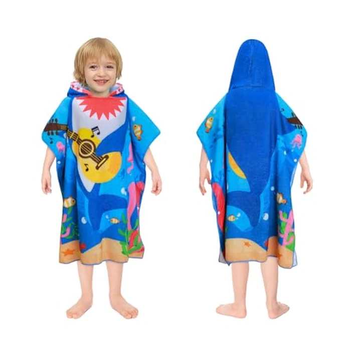 Kids Beach Towel with Hood 75 * 75cm,Extra Soft and Absorbent Hooded Towels Bath Robe for Boys & Girls, Toddler Poncho Towels for Travel Shower Swimming, Music Shark by decalsweet - Image 2