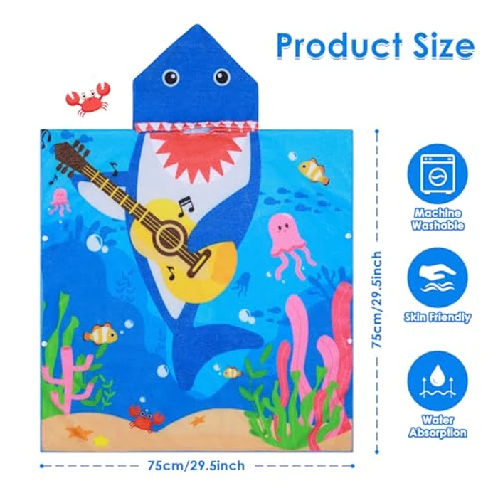 Kids Beach Towel with Hood 75 * 75cm,Extra Soft and Absorbent Hooded Towels Bath Robe for Boys & Girls, Toddler Poncho Towels for Travel Shower Swimming, Music Shark by decalsweet - Image 3