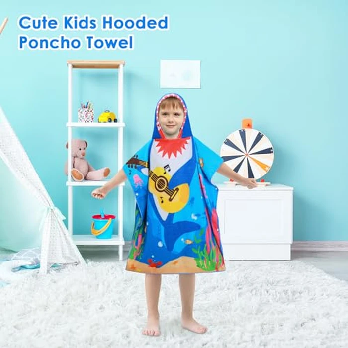 Kids Beach Towel with Hood 75 * 75cm,Extra Soft and Absorbent Hooded Towels Bath Robe for Boys & Girls, Toddler Poncho Towels for Travel Shower Swimming, Music Shark by decalsweet - Image 5