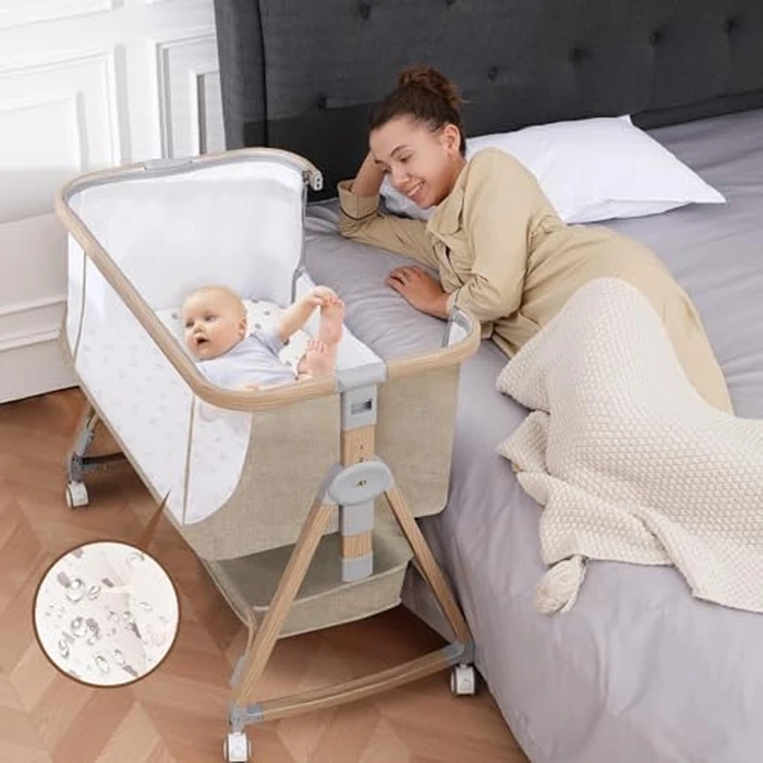 Baby Bassinet, Basinet Bedside Sleeper with Waterproof Bassinet Sheets and Soft Mattress, Safe Adjustable Height Bedside Bassinets with Wheels, Girl/Boy Bassinets, Jestonten (Khaki) by Jestonten - Used - Good condition