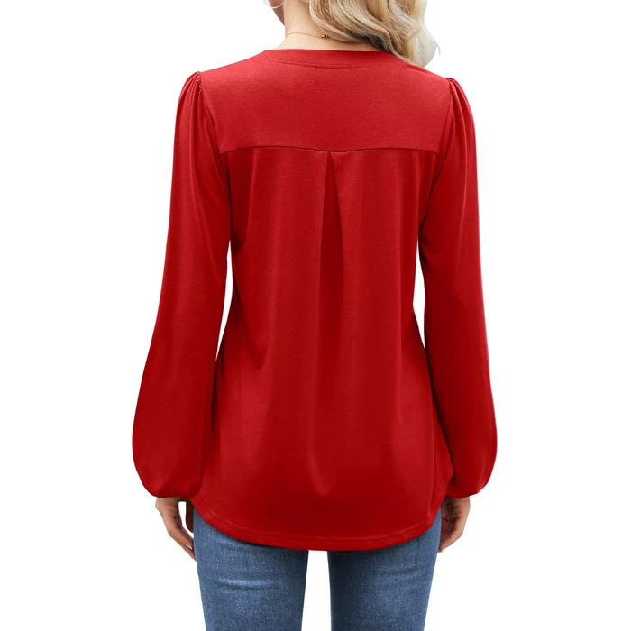 MIHOLL Womens 2026 Long Sleeve Tops Spring Trendy V Neck Tunic Pleated Dressy Casual Shirts Plus Size Blouses (Red, XXL) by MIHOLL - Image 2