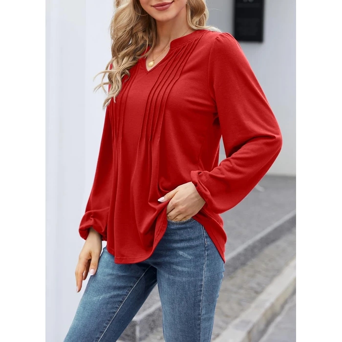 MIHOLL Womens 2026 Long Sleeve Tops Spring Trendy V Neck Tunic Pleated Dressy Casual Shirts Plus Size Blouses (Red, XXL) by MIHOLL - Image 6