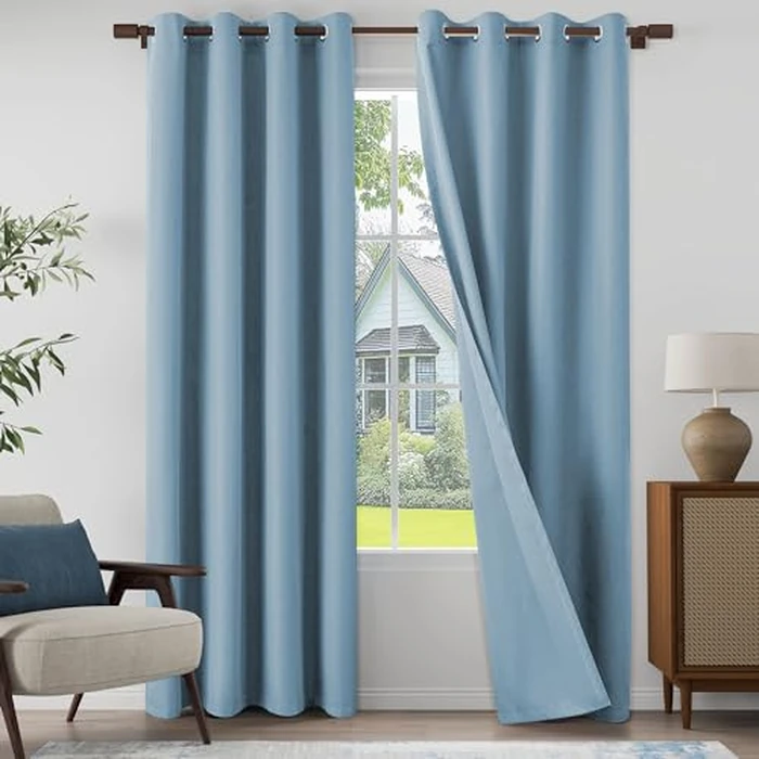 100% Blackout Linen Textured Curtains for Living Room, Bedroom, Light Weight Curtains with Grommets Top, Full Blackout Curtains Privacy Protection, Light Blue, 52" W x 84" L, 2 Panels by OYRING - Used - Like New condition - US$27.00