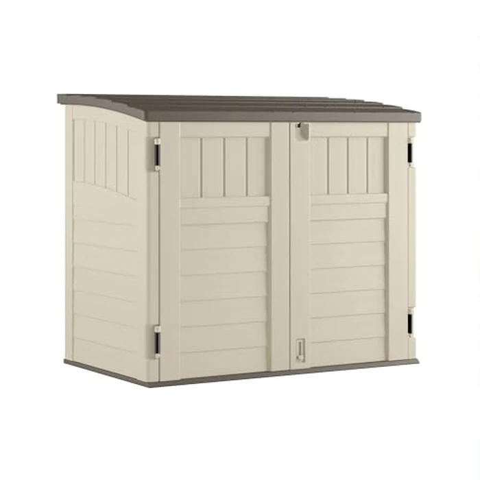 Suncast 34 Cu Ft Horizontal Resin Plastic Storage Shed - Outdoor Storage Shed with Floor Included, Lockable, Weatherproof, Fits Small to Medium Trash Cans, Generators, & Garden Tools, Vanilla Stoney by Suncast - Used - Very Good condition