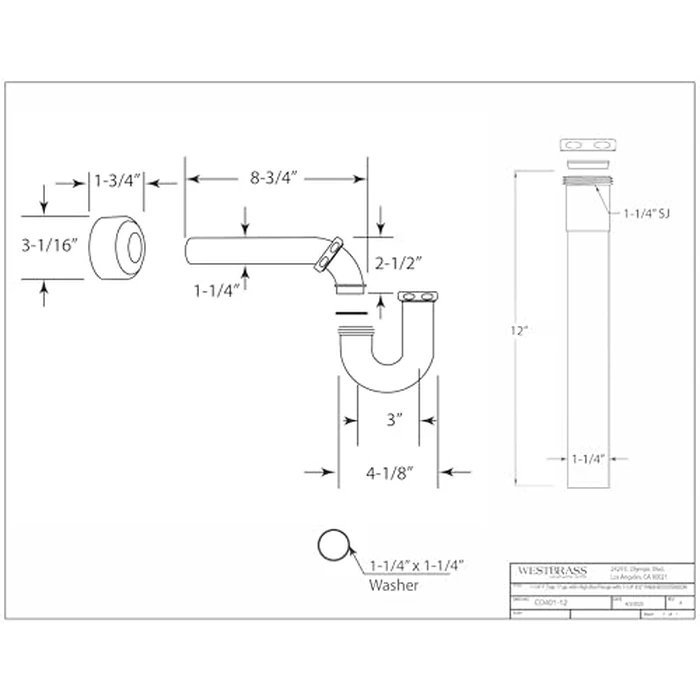 Westbrass CO401-12-01 1-1/4" Brass Bathroom Sink P-Trap with 12" Slip Joint Extension Tube, Polished Brass by Westbrass - Image 7