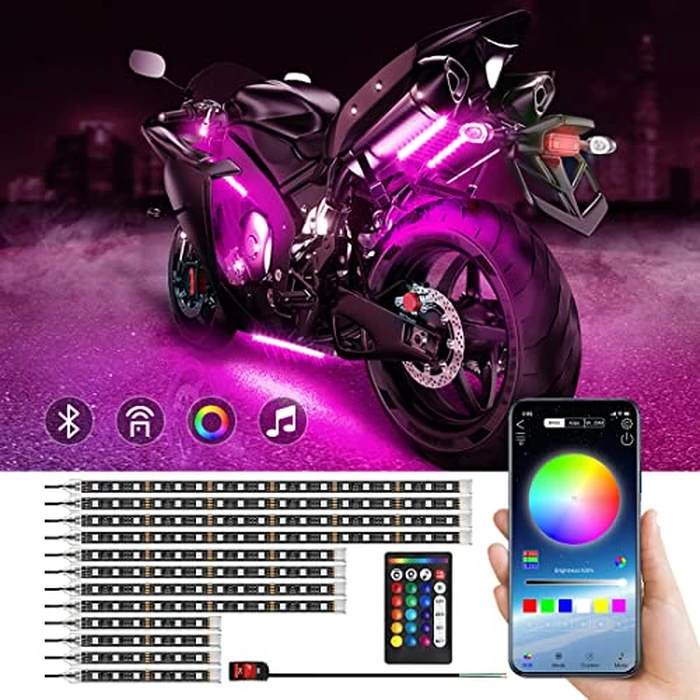 MAODANER 12pcs Motorcycle underglow LED Light Kit, RGB Motorcycle LED Interior Strip Lights with Music Mode, Brake Light Function Waterproof Motorcycle Accessories - Wireless APP Control, DC 12V by MAODANER - Used - Good condition - CA$25.55