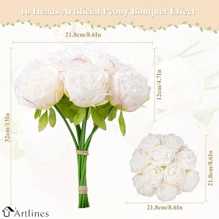 U'Artlines 2 Bouquet 10 Heads Artificial Peony Silk Flower Leaf Home Office Wedding Party Festival Bar Decor (Cream White) by U'Artlines - Image 2