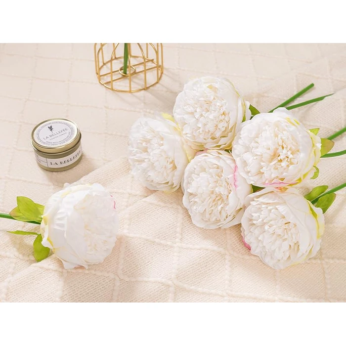 U'Artlines 2 Bouquet 10 Heads Artificial Peony Silk Flower Leaf Home Office Wedding Party Festival Bar Decor (Cream White) by U'Artlines - Image 4