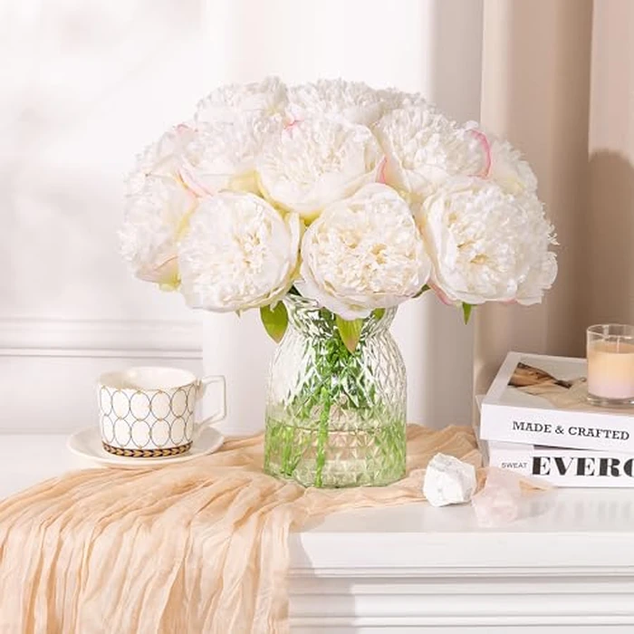 U'Artlines 2 Bouquet 10 Heads Artificial Peony Silk Flower Leaf Home Office Wedding Party Festival Bar Decor (Cream White) by U'Artlines - Image 7