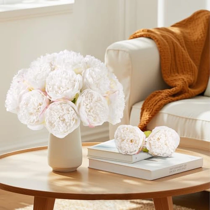U'Artlines 2 Bouquet 10 Heads Artificial Peony Silk Flower Leaf Home Office Wedding Party Festival Bar Decor (Cream White) by U'Artlines - Image 8
