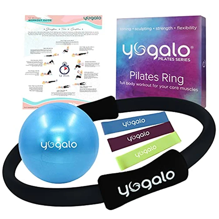 Y O Gayo Pilates Ring and Ball Set with 3 Resistance Bands - Pilates Equipment for Home Workout - Magic Circle Pilates Ring 14 Inch to Tone, Sculpt and Strengthen (Black) by Yogalo - Used - Like New condition - US$20.81