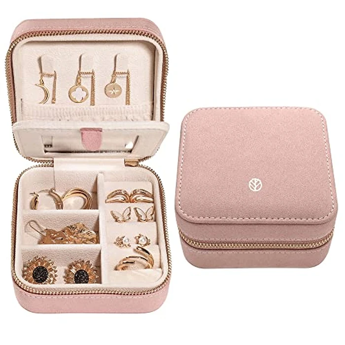 S.Leaf Travel Jewelry Organizer Boxes for Women Small Portable Necklace Earrings Bracelet Rings Travel Case Best Friend Birthday Gifts for Women Trendy (05_Suede_Touch_Dust_Pink) by S.Leaf - Image 1