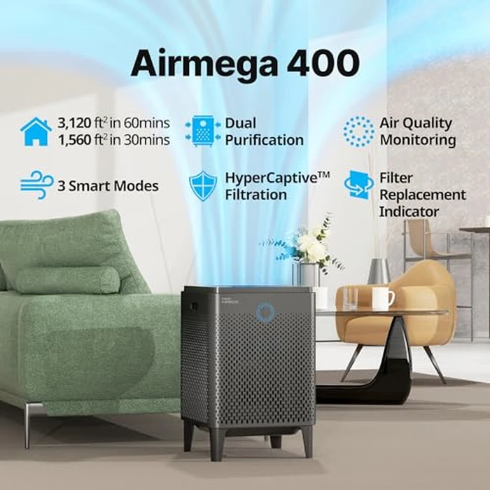 COWAY Air Purifier for Home Up to 3,120ft², Washable Pre-Filter and HEPA Filter for Smoke, Allergies, Pet Dander, Odor, AQI, Auto & Sleep Mode, Timer, 5yr Warranty, Airmega 400 Graphite, AP-2015F(G) by Coway - Image 2