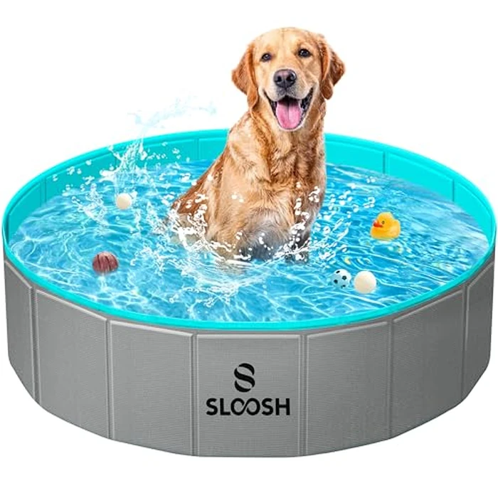 Sloosh Foldable Dog Kiddie Pool - Portable Hard Plastic Doggie Swimming Pool, Anti-Slip Collapsible Pets Bath Tub Suitable for Kids Toddler Indoor Outdoor Backyard Use (Gray, 32" x 8") by Sloosh - Used - Like New condition