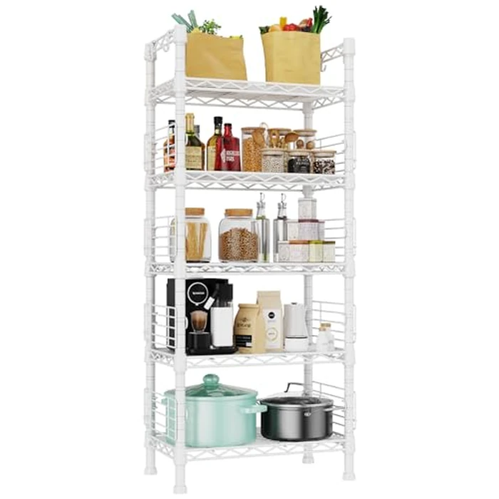FUTASSI 5 Tiers Metal Storage Shelves, Standing Shelf Units for Garage, Kitchen, Bathroom, Balcony and Living Room, Freestanding Metal Narrow Bookshelf and Bookcase, 21.2" W x 9.4" D x 59.2" H, White by FUTASSI - Used - Very Good condition