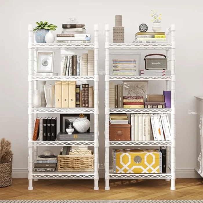 FUTASSI 5 Tiers Metal Storage Shelves, Standing Shelf Units for Garage, Kitchen, Bathroom, Balcony and Living Room, Freestanding Metal Narrow Bookshelf and Bookcase, 21.2" W x 9.4" D x 59.2" H, White by FUTASSI - Image 3