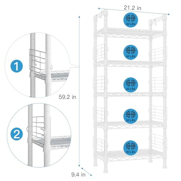 FUTASSI 5 Tiers Metal Storage Shelves, Standing Shelf Units for Garage, Kitchen, Bathroom, Balcony and Living Room, Freestanding Metal Narrow Bookshelf and Bookcase, 21.2" W x 9.4" D x 59.2" H, White by FUTASSI - Image 6