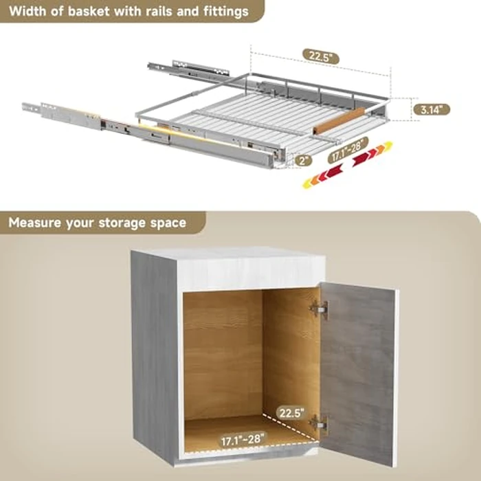 2 Pack Pull Out Cabinet Organizer Adjustable Width 17.1~28" W x 22.5" D，Heavy Duty Expandable slide out spice rack for cabinet，Glide Smoothly roll basket out drawers for Kitchen,Cupboard by LOCVCDA - Image 2