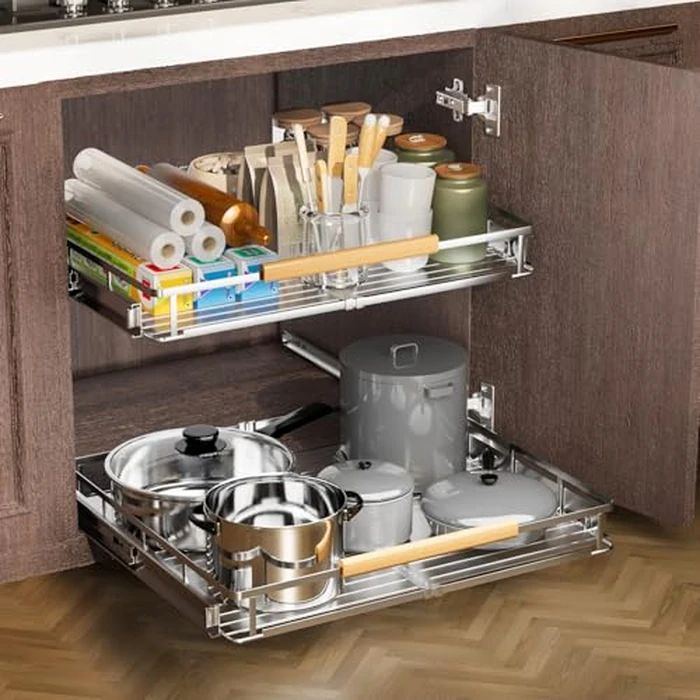 2 Pack Pull Out Cabinet Organizer Adjustable Width 17.1~28" W x 22.5" D，Heavy Duty Expandable slide out spice rack for cabinet，Glide Smoothly roll basket out drawers for Kitchen,Cupboard by LOCVCDA - Image 5
