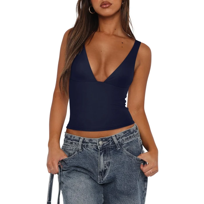 REORIA Women's Summer Sexy Plunge Deep V Neck Sleeveless V Backless Tank Top Going Out Double Lined Yoga Crop Tops Baritone Blue X-Small by REORIA - Image 4