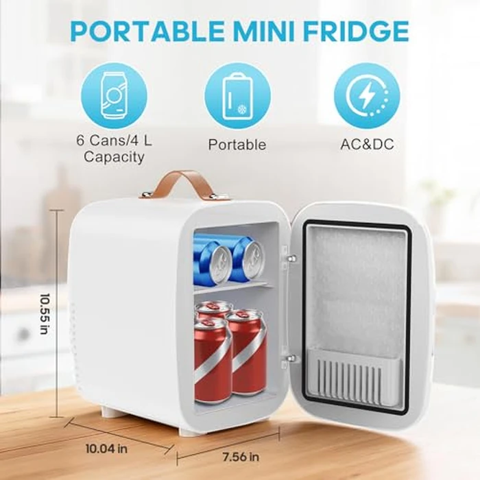 DUMOS Mini Fridge for Bedroom, 4L Compact Personal Fridge Cooler For Skincare, Drinks, And Snacks, Fits 6 Cans, Mini Refrigerator with 110V Ac/12V Dc, Ideal For Car, Dorm, White by DUMOS - Image 3