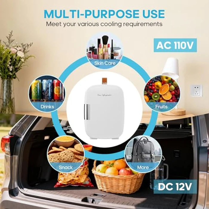 DUMOS Mini Fridge for Bedroom, 4L Compact Personal Fridge Cooler For Skincare, Drinks, And Snacks, Fits 6 Cans, Mini Refrigerator with 110V Ac/12V Dc, Ideal For Car, Dorm, White by DUMOS - Image 5