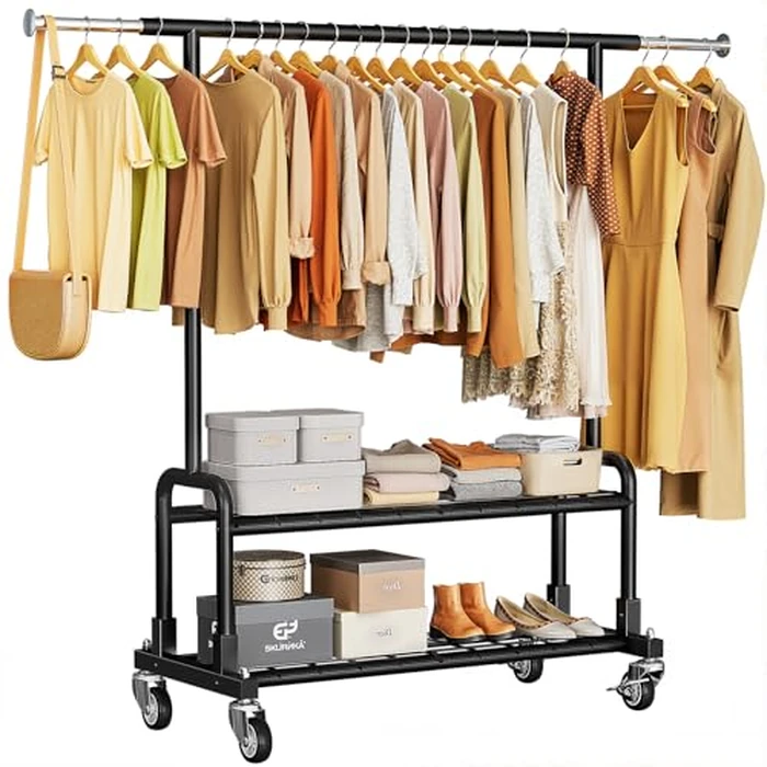 Luxspire Heavy Duty Clothes Rack, Clothing Rack Load 600 LBS, Rolling Clothes Racks for Hanging Clothes with Sturdy Wheels & 2 Tier Shelves, Adjustable Garment Rack for Bedroom, Laundry Room, Black by Luxspire - Used - Acceptable condition - CA$67.89