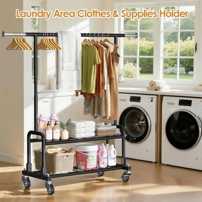Luxspire Heavy Duty Clothes Rack, Clothing Rack Load 600 LBS, Rolling Clothes Racks for Hanging Clothes with Sturdy Wheels & 2 Tier Shelves, Adjustable Garment Rack for Bedroom, Laundry Room, Black by Luxspire - Image 8