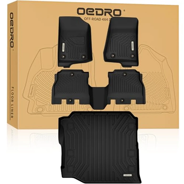 OEDRO Floor Mats Set Fit for 2018-2026 Jeep Wrangler JL Unlimited 4-Door W/O Subwoofer(Not Fit for JK & 4XE), Includes 1st, 2nd Row & Cargo Liners, Custom Fit TPE All Weather Car Full Mats Set, Black by oEdRo - Used - Very Good condition - US$124.92