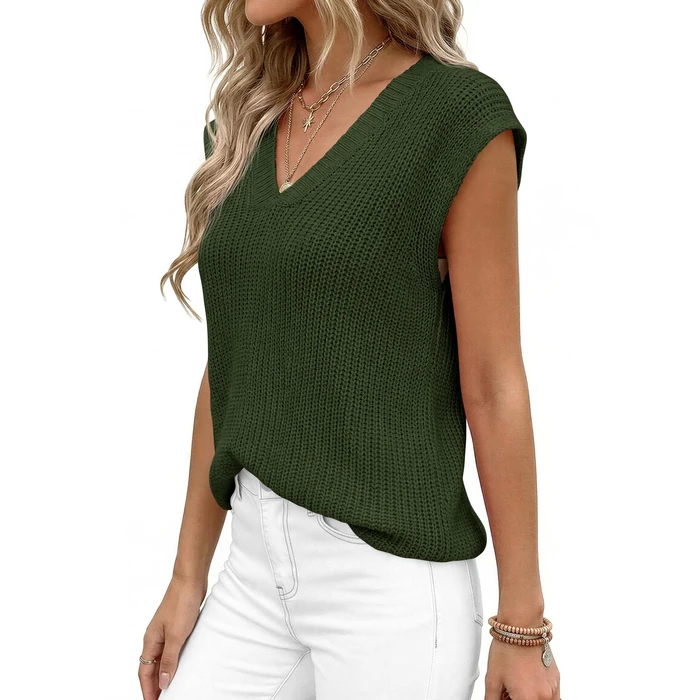 PRETTYGARDEN Women's 2026 Lightweight Sweaters Vest Spring Trendy Cap Sleeve V Neck Knit Tank Tops Summer Going Out Outfits (Army Green,Large) by PRETTYGARDEN - Image 3