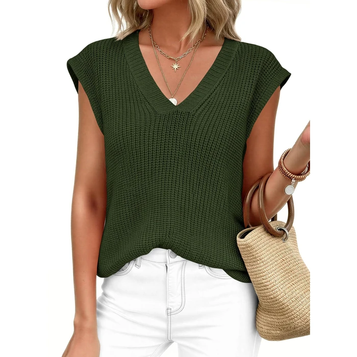 PRETTYGARDEN Women's 2026 Lightweight Sweaters Vest Spring Trendy Cap Sleeve V Neck Knit Tank Tops Summer Going Out Outfits (Army Green,Large) by PRETTYGARDEN - Image 4